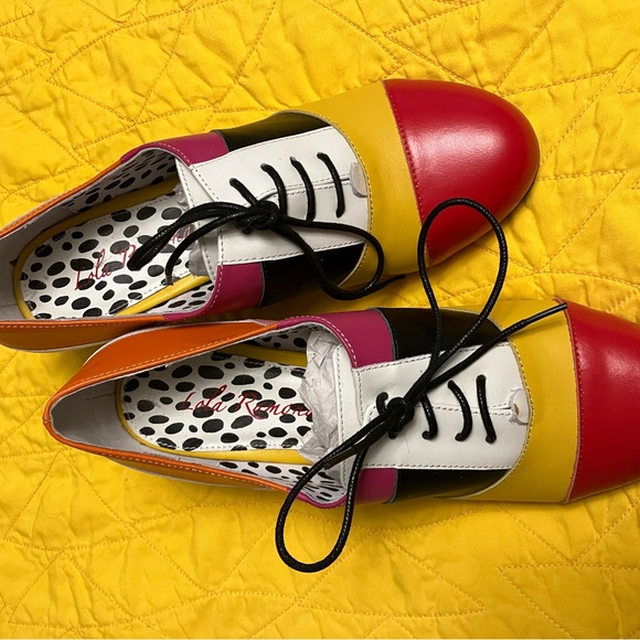 Lola Ramona NIB/ Unworn Colorful Patchwork with Stripe Heel Women's Shoes - Picture 2 of 11